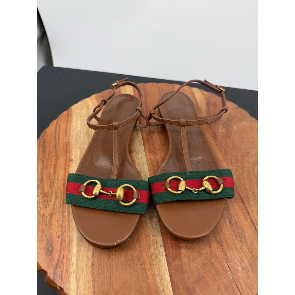 Gucci Horsebit Web Stripe Flat Sandals Women 35.5 Brown Leather T-Strap Italy